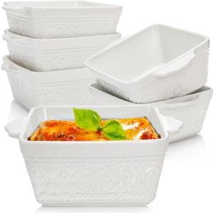6 Pack 13 OZ Ceramic Baking Dishes, 4.5" Mini Square Bakeware Set, Small Baking Pan with Handle, Individual Casserole Dish for Oven, Roasting, Lasagna, Pie, Gratin, Microwave Safe, White