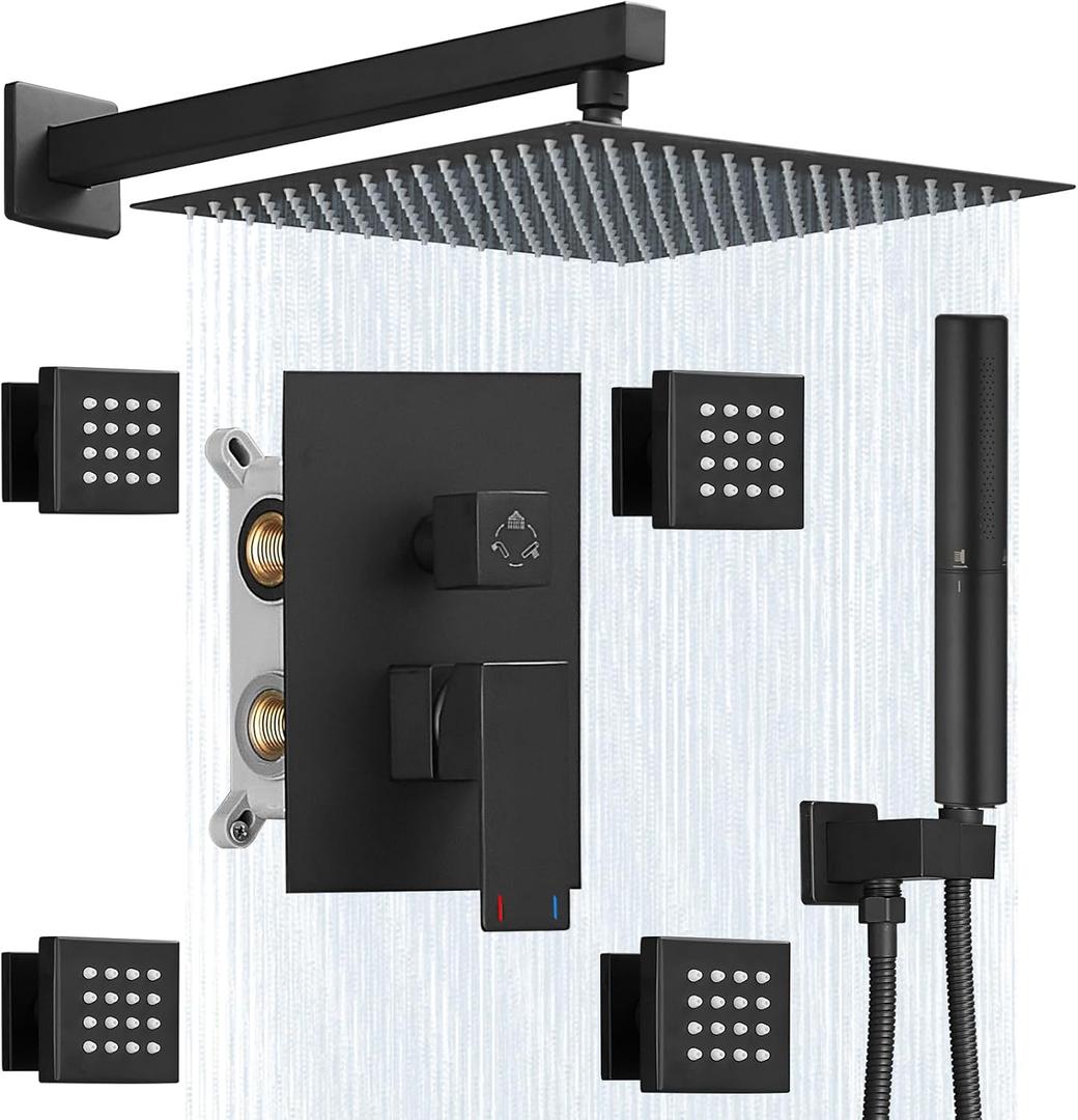 Hoimpro 12 Inch Rainfall Shower Faucet with 4 Full Body Shower Jet Fixtures Combo, Shower System Set with Rain Mixer Shower Head and Brass 2 in 1 Spray Handheld Showerhead, Wall Mounted, Matte Black
