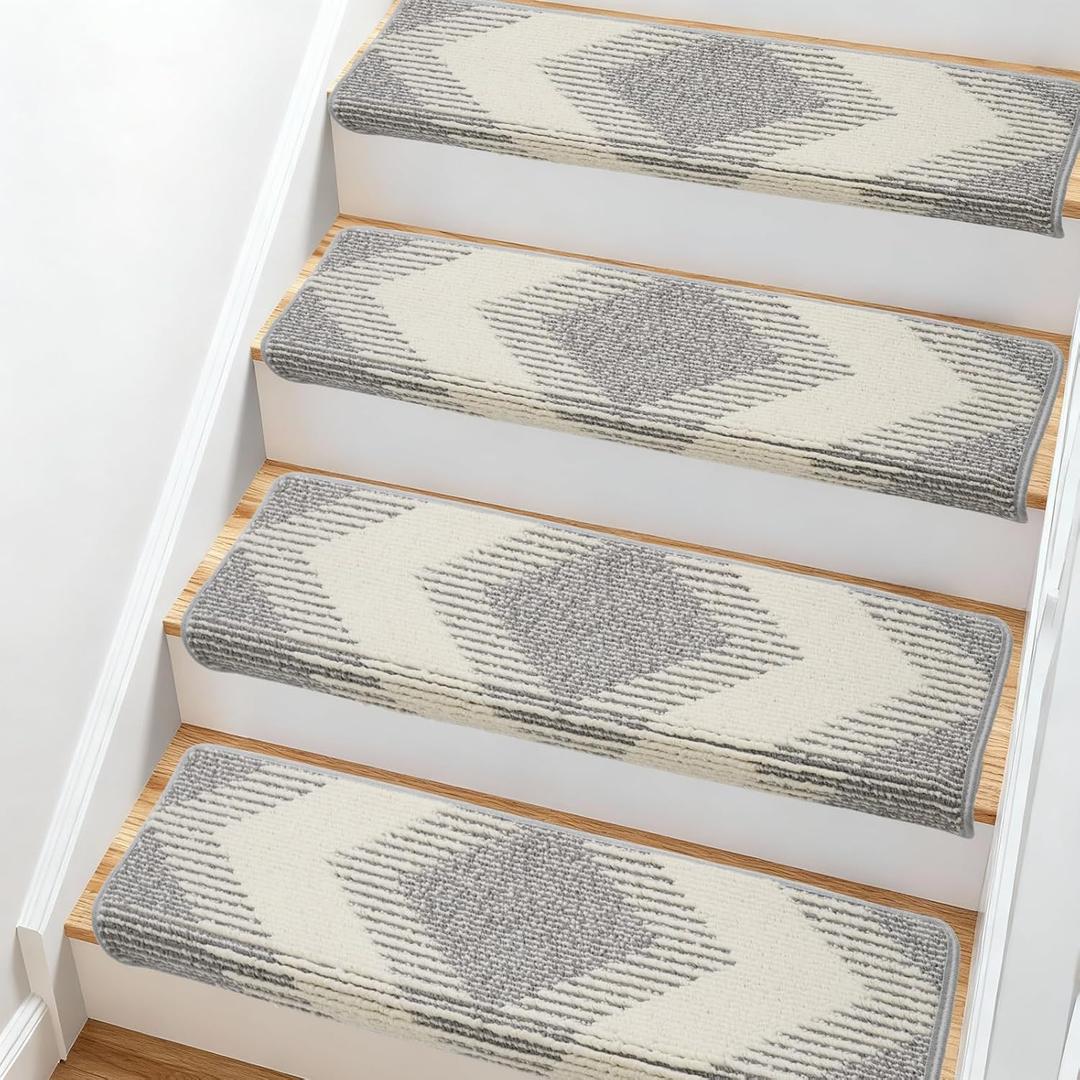 Bullnose Stair Carpet Treads, Set of 14 Step Carpet for Stairs Non Slip, 30"x9.5"x1.7" Peel and Stick Stair Treads Bullnose with Tape, Bullnose Stair Treads for Wooden Steps, Grey and Beige