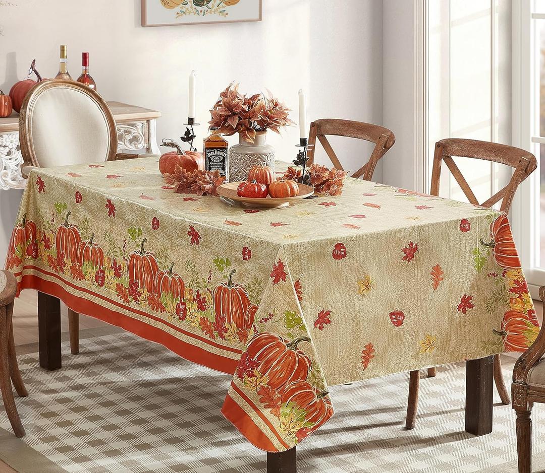 Newbridge Thanksgiving Pumpkin Border Print Vinyl Tablecloth with Flannel Backing, 60 x 84 Inch Rectangle, Wipe Clean Fall Harvest Table Cover