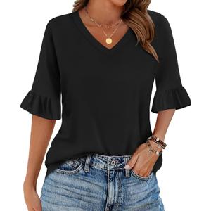 Zeagoo Womens Tops Casual V Neck Shirts Floral Solid Blouse Ruffle Tunics 3/4 Sleeve Tshirt  (Medium, Black)