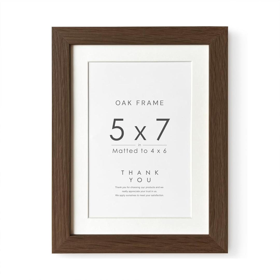 5x7 Picture Frame, Solid Oak Wood 5 x 7 Photo Frame with Mat to 4x6, 7x5 Picture Frames for Wall and Tabletop Display, (Walnut Set of 1)