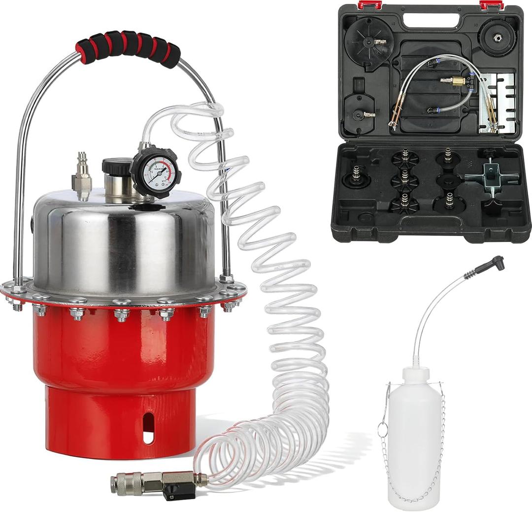 5L Pneumatic Brake Bleeder Kit, Stainless Steel Pressure Brake Bleeder with Gauge, 8 Adapters, Waste Fluid Bottle, One Man Brake Clutch Fluid Change Tool for Cars, Trucks, Motorcycles, ATVs