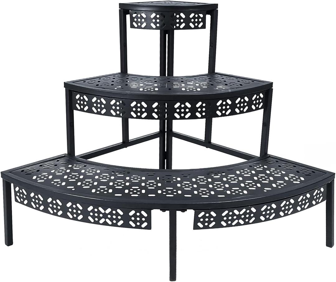 Aboxoo 3 Tier Plant Stand Flower Pot Rack, Metal Stair-Step Style Corner Shelf Planters, Quarter Round Display Holder for Indoor Outdoor Use(Black, Semicircle)