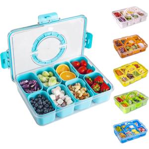 WACOI Divided Snack Serving Tray with Lid and Handle Travel Snackle Charcuterie Container Portable Storage Organizer for Candy, Fruits, Nuts, Snacks, Party, Picnic (1pack, Lake blue)