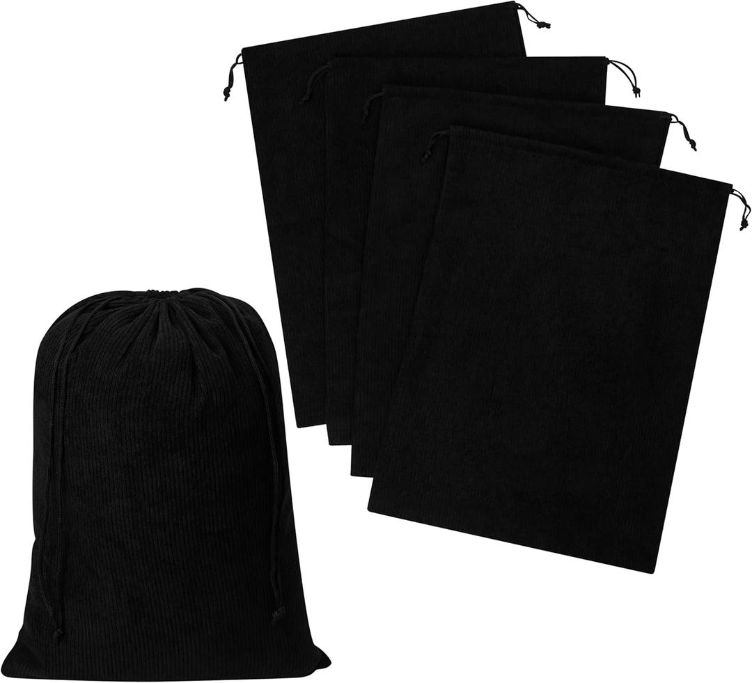 Corduroy Drawstring Bags - Set of 5 - For Organization, Make-up, Travel, Purse, Storage, Office and More (Black, 12 x 16 Inch)
