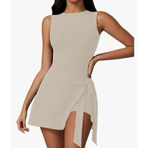 Dokuritu Tennis Dresses for Women Sleeveless Crew Neck Knot Romper Built in Shorts U-Shaped Back Workout Athletic Dress M