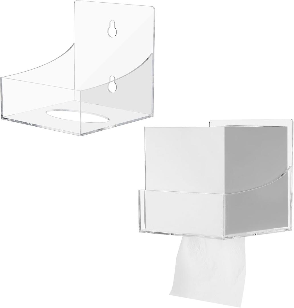 Geelin 2 Pcs Tissue Box Holder Wall Mount Acrylic Dispenses Tissue Box Shelf Gloves Wipes Paper Napkins Organizer Upward or Downward for Kitchen Bathroom Office Rv (Clear)