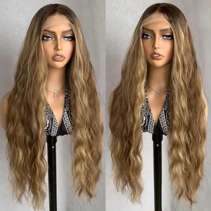 30 inch 134 Synthetic Front Lace Wig For Women Long Curly Wavy Heat-Resistant Glueless Wigs Natrural Hairline and Baby Hair for Daily Life(Brown-Blonde)