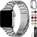 Fullmosa Compatible Apple Watch Bands 45mm 44mm 42mm 46mm 49mm 41mm 40mm 38mm, Metal iWatch Band with Case for Apple Watch Series 9 8 7 6 5 4 3 2 1 SE 10 Ultra, 42mm 44mm 45mm Silver