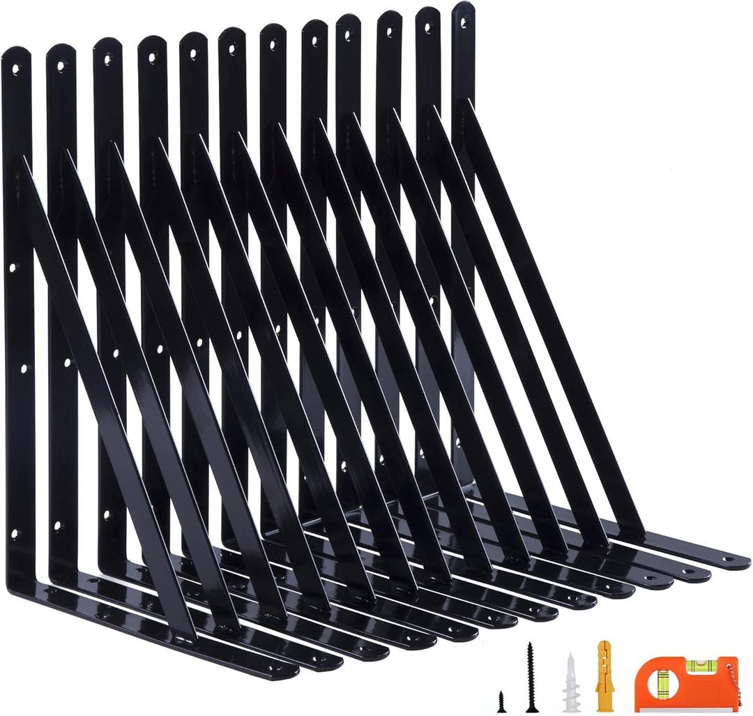 12-Pack 14 Inch Heavy Duty Shelf Brackets, Large Wall Bracket for Garage Storage Shelves, Black Powder-Coated Steel