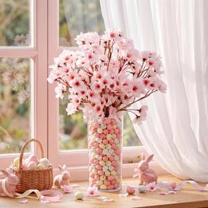 Suncalla 105 Pcs Easter Centerpieces for Tables Pink Cherry Blossoms Decorations Bulk with 5 Artificial Cherry 100 Pastel Multicolor Eggs Vase Filler Easter Table Decors for Spring Home Decor