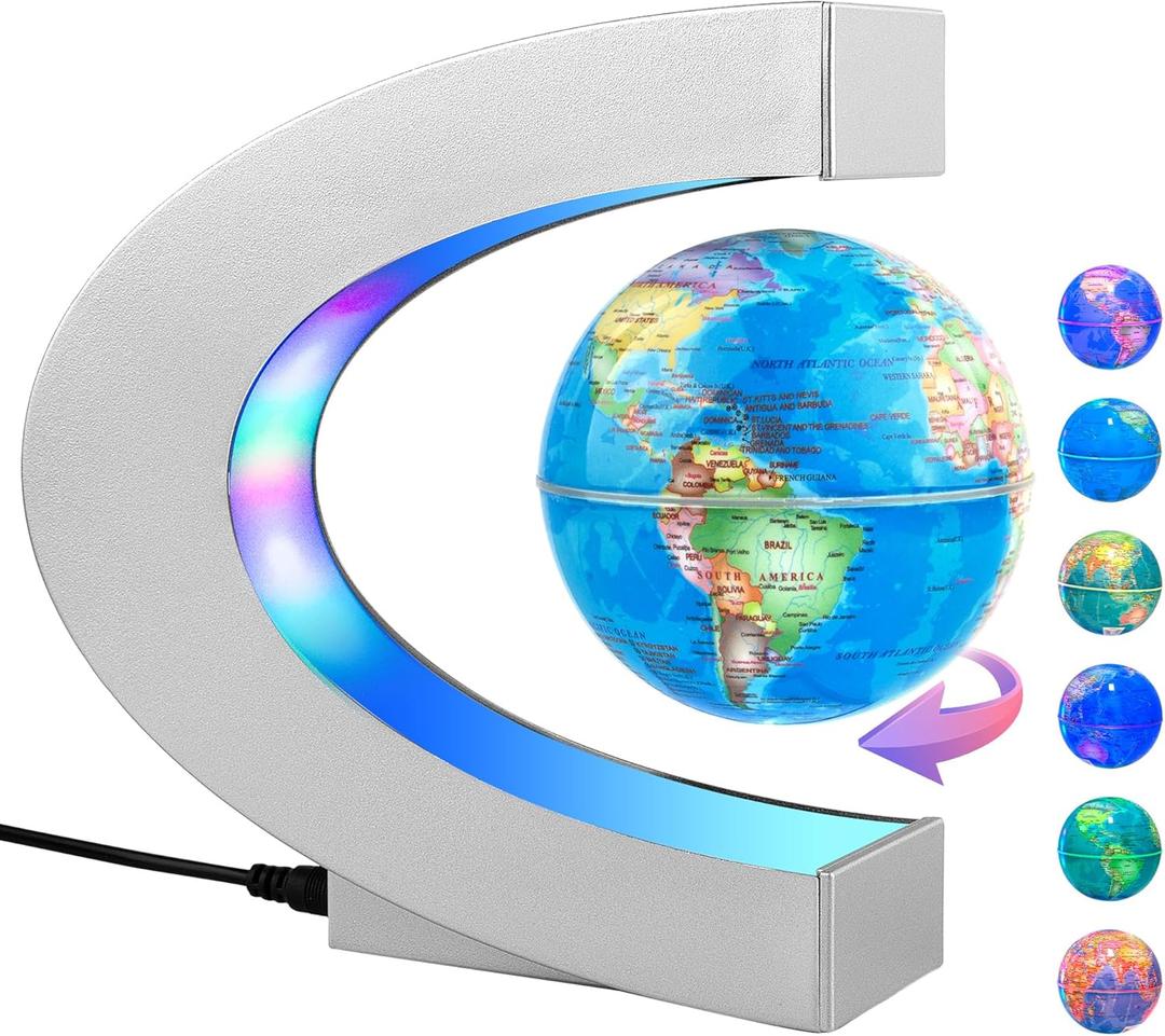 MOKOQI Magnetic Levitating Globe with LED Light, Cool Tech Gift for Men Father Boys and Girls, Birthday Gifts for Kids, Floating Globes World Desk Gadget Decor in Office Home Display (Silver)