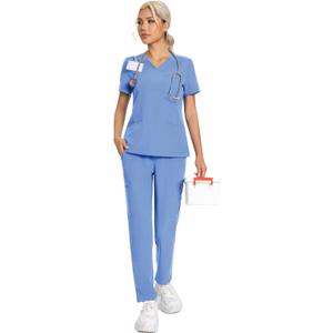 KUNGFU SCRUBS Scrubs for Women Set V-Neck Top & Straight Leg Pants 12 Pockets for Nurses & Healthcare Workers, XL