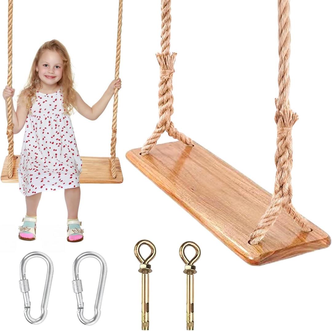Hanging Wooden Swing, Seat 19.7"x 5.1" 1.2", Tree Swings for Adults and Kids Outdoor, Adjustable Hemp Rope Plus Tree Straps 80 inch, Kids Swing with 500lbs