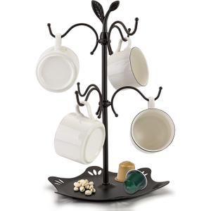 Coffee Mug Holder for Large Mugs, Mug Tree for Counter, Cup Holder for Countertop, Mug Rack with Tray, Metal Mug Tree with 6 Hooks, Coffee Counter Bar Accessory & Kitchen Home Organizer (Black)