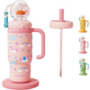 Stainless Steel Whale Fountain Tumbler with Handle, Drinking Cup with Whale Squirt, 24oz Whale Water Bottle Two Silicone Soft Tip, Leak-Proof Whale Fountain Tumbler for Kids Teens Adults (A-Pink)