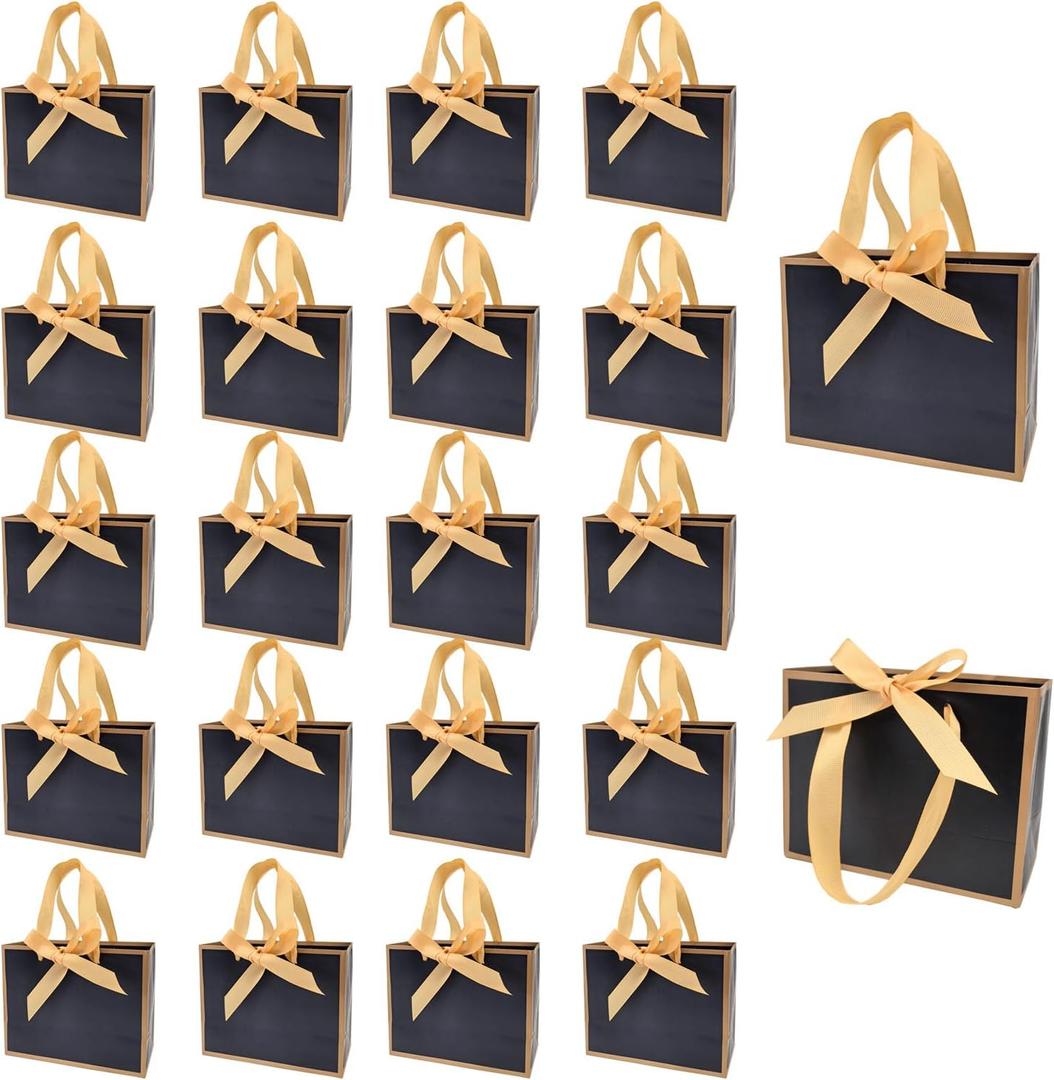 TKSBAG 100 Pack Black and Gold Gift Bags with Bow Handles, 6.43.15.1 In Small Thank You Bags Bulk for Birthday, Weddings, Party Favors, Mother's Day