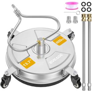 EVEAGE 13.7'' Pressure Washer Surface Cleaner with 4 Wheels Stainless Steel Surface Cleaner & Unique Bending Rod Design 2 Nozzles for Cleaning Driveway & Sidewalk, Max 4000PSI-EP002