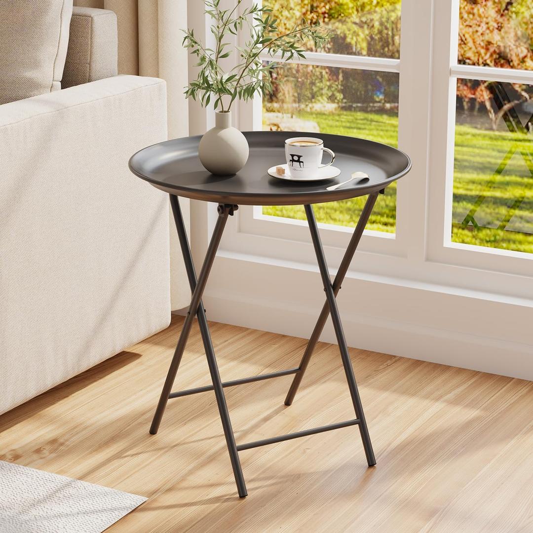 Garden 4 you Folding TV Tray Table, Metal Round Side Table, Black Dinner Table with Metal Frame, Modern Outdoor Tray Table for Living Room, Bedroom, Patio & Small Spaces, 1 Pack, 1 PC