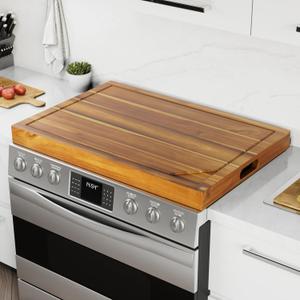 BLUEWEST Noodle Board Stove Cover with Handles, 3 in 1 Wood Stove Top Covers Board for Gas Burners and Electric Stove, Wooden RV Stovetop Cover, Tray for Kitchen Counter Space with Juice Grooves
