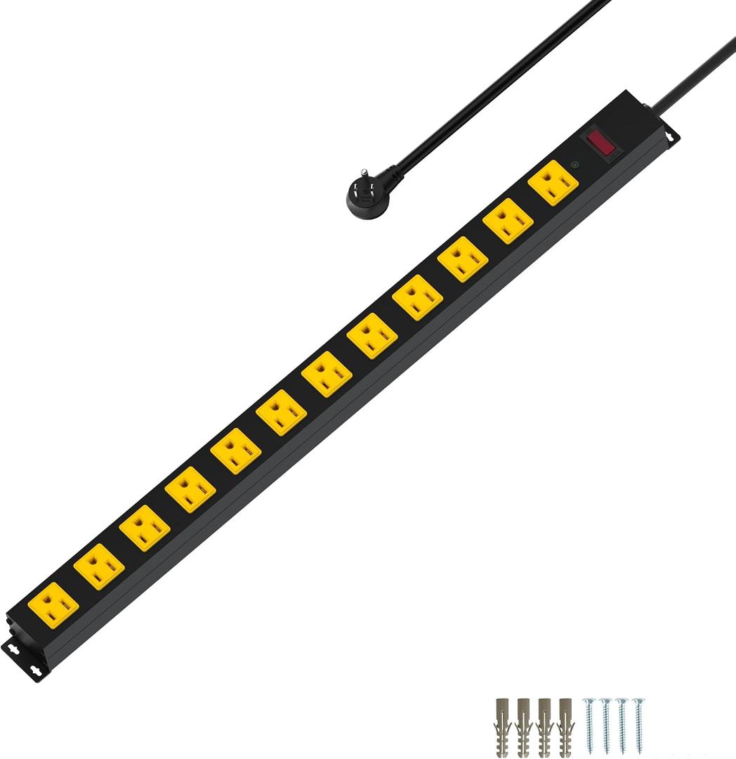 Metal 12 Outlet Mountable Power Strip, 2100J Surge Protector with Heavy Duty 6ft Extension Cord, Wide Spaced and Wall Mount Metal Powerstrip for Garage, Desk, Industrial, Shop and Indoor (6ft)