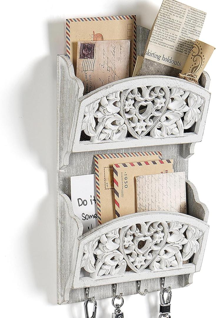 Mail Organizer with Key Holder,2-Slot Mail Holder with 4 Key Hooks for Wall Decorative, Wooden Hanging Organizer for File Letter in Shelf Home Farmhouse Decor for Entryway Office