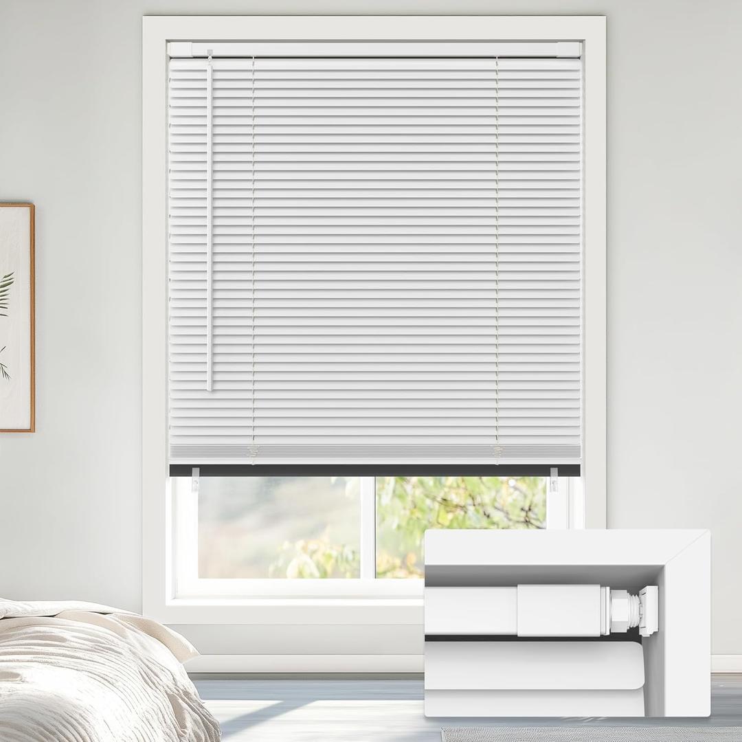 LazBlinds No Tools No Drill Cordless 1" Vinyl Mini Blinds, 100% Blackout Blinds for Indoor Windows, Room Darkening Privacy Window Blinds and Shades for Interior, 32" W x 64" H, White