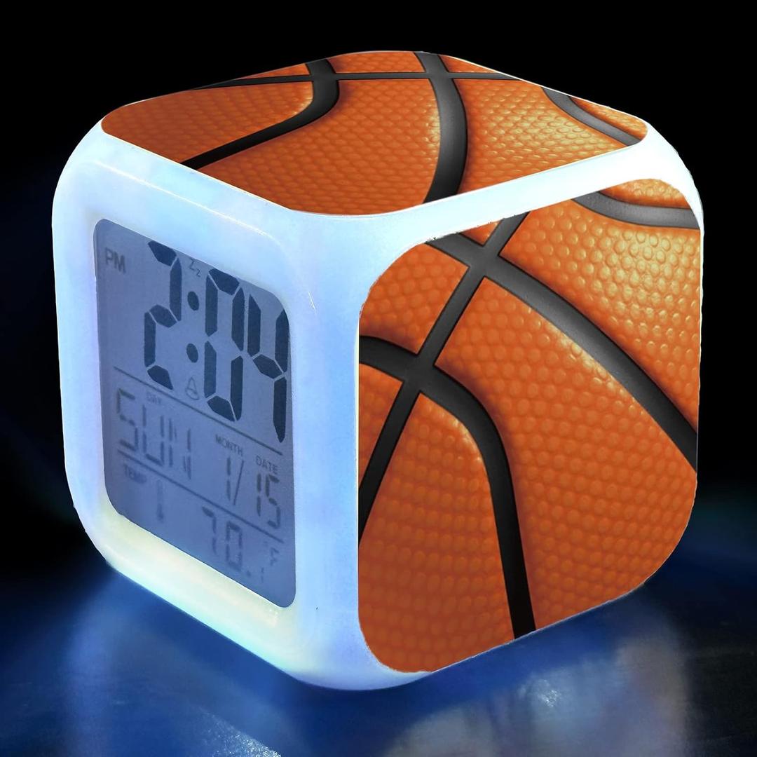Basketball Alarm Clock for Kids Boy Girl 7 LED Color Changing Wake Up Clock Home Decor Bedroom Digital with Temperature Display (Baseball Theme)