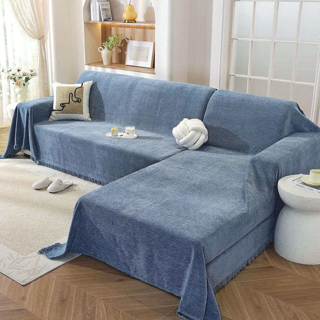OstepDecor Sectional Couch Covers 2 Pieces, L Shaped Couch Cover Blanket, Sectional Sofa Cover Washable, Chaise Lounge Sofa Slipcovers Pet Furniture Protector for Dogs (71"x118"+91"x134", Blue)