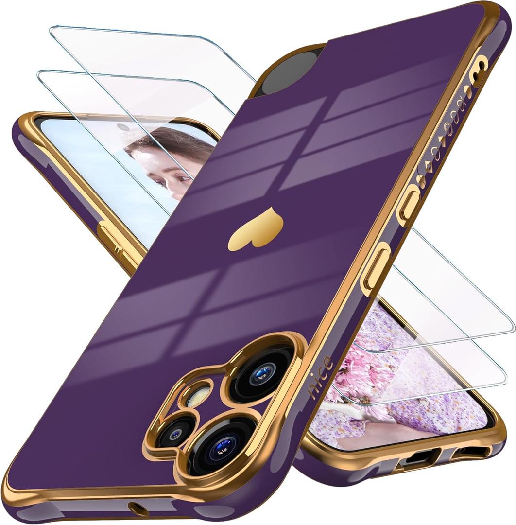 Dretal for Nothing CMF Phone 2 Pro Case with 2X Screen Protector, Girl Women Cute Girly Love-Heart Luxury Gold Soft Cover Camera Protection Bumper Silicone Shockproof Case for CMF Phone 2 Pro (Purple)