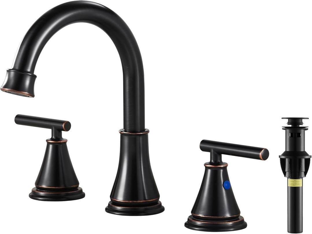 Fransiton Bathroom Sink Faucet 3 Hole, Oil Rubbed Bronze Bathroom Vanity Faucet for Lavatory Sink with Pop-Up Drain, 8 Inch Widespread, 2 Handle Basin