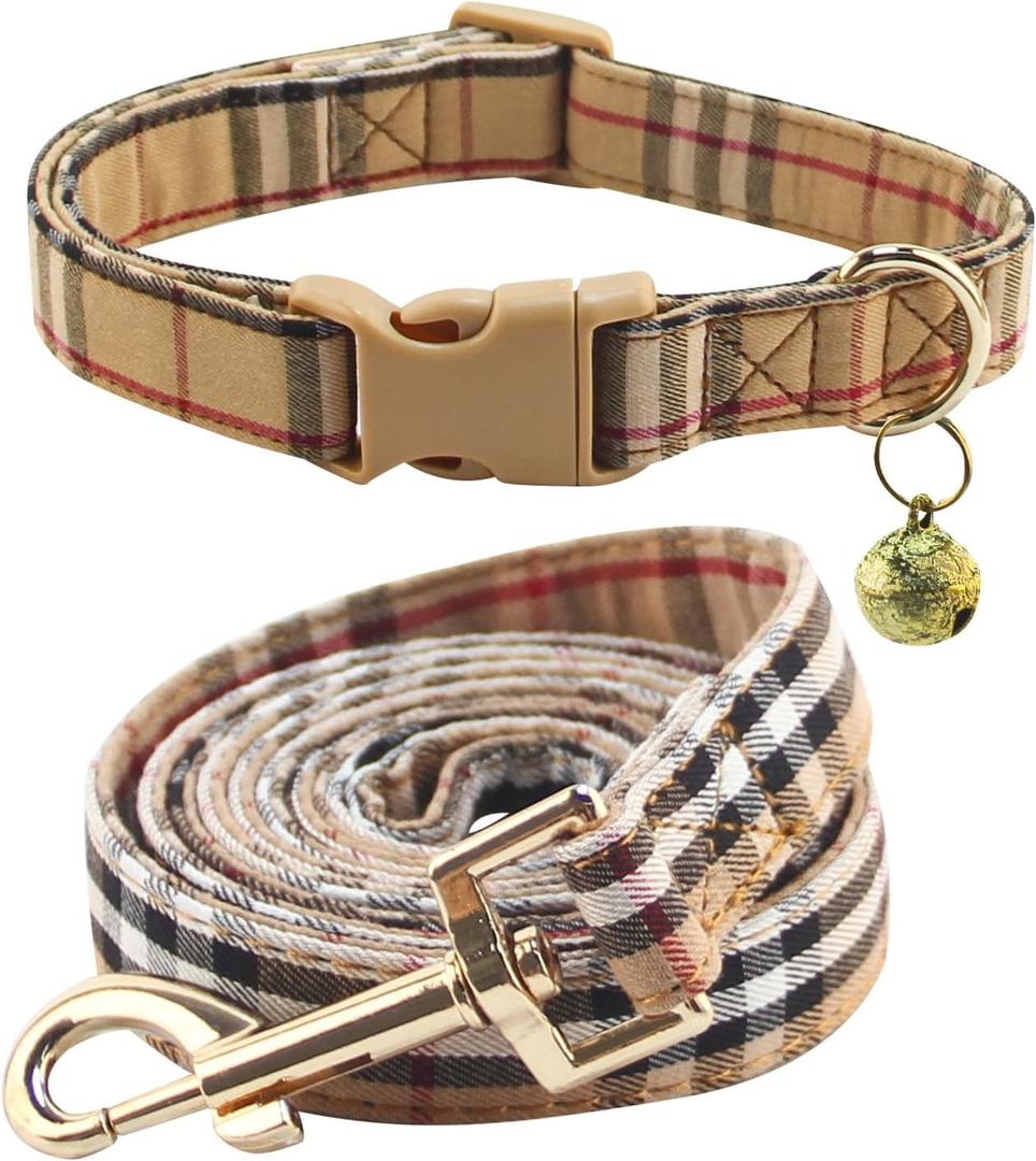 Cute Plaid Dog Collar Harness and Leash with Safety Buckle - Adjustable and No Pull Comfortable Dog Collars for Small Puppy, Stylish Durable Gift for Boy Girl Pets (beige-02)
