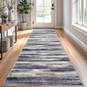 Modern Abstract Runner Rug 2.6x10, Grey Black Multi Washable Long Kitchen Runner Non-Slip Soft Hallway Rug Runner Thin Print Faux Wool Carpet for Entryway Bedroom Laundry Room Indoor Home Decor (Grey Navy Blue Black Cream Tan)