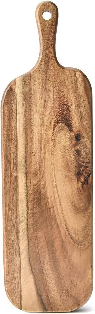 BILL.F Acacia Wood Cutting Board with Handle Small Size Long Wooden Charcuterie Board Paddle Cheese Board Serving Boards for Kitchen Meat, Pizza,Cheese, Bread, Vegetables &Fruits 16'' x 4.7'' x 0.6''