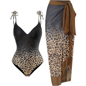 Womens One Piece Swimsuit with Cover Up Sarong Wrap Bathing Suits for Women Modest Swim Suits with Cover Up Set Retro Swimwear Slimming Two Piece Swimsuits Gradient Leopard Medium