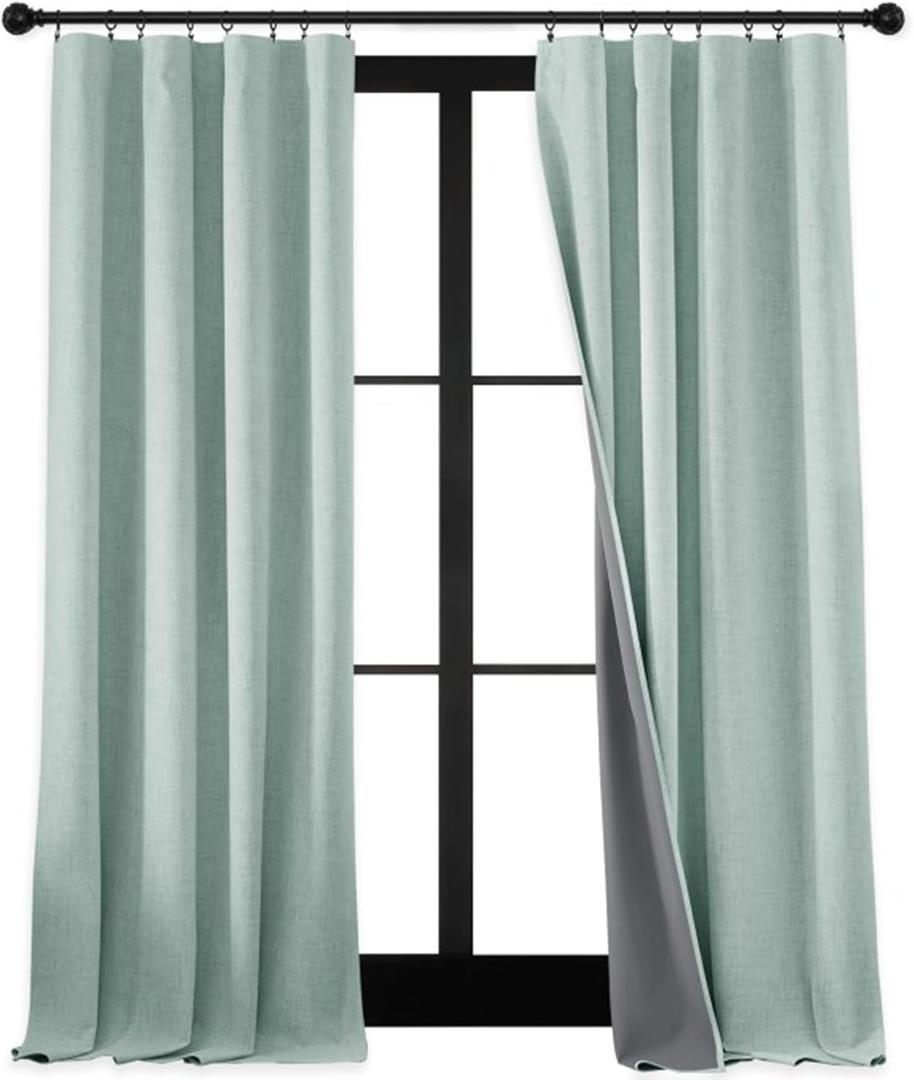 RYB HOME 100% Blackout Linen Textured Curtains 90 inches Long, Thermal Insulating Privacy Energy Saving for Bedroom Living Room Window Office Theater Baby Nursery, W 52 x L 90 in, Aqua, 2 Panels
