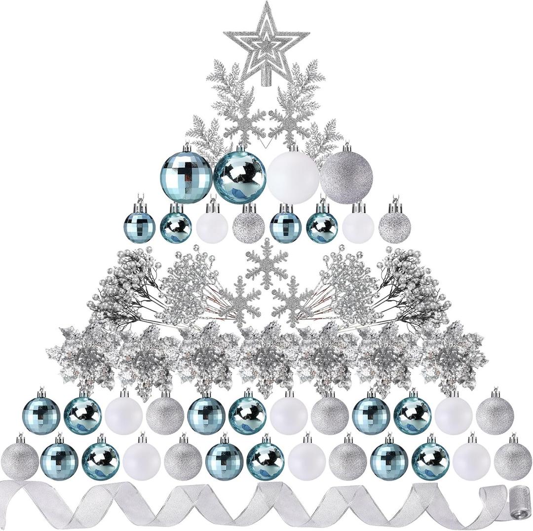 Sratte 94 Pcs Christmas Tree Decorations Set, Christmas Tree Ball Ornaments Glitter Poinsettia Flowers Decorations Glitter Berries Stems for Xmas Holiday Wedding(Blue, White, Silver)