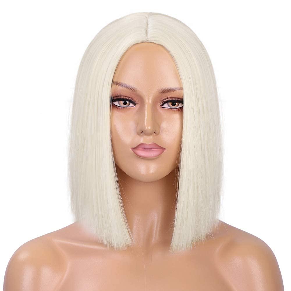 ENTRANCED STYLES Platinum Blonde Wig Straight Hair Short Bob Wigs for Women Middle Part Shoulder Length Synthetic Wig Cosplay Halloween Party Wigs (12.5 Inch)