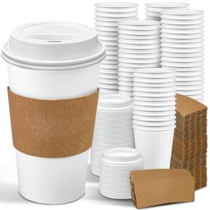 Ginkgo 100 Pack 16 oz Disposable Coffee Cups with Lids and Sleeves Leak-Proof White Paper Cups, Insulated To Go Hot Beverage Cups, Coffee Bar Accessories