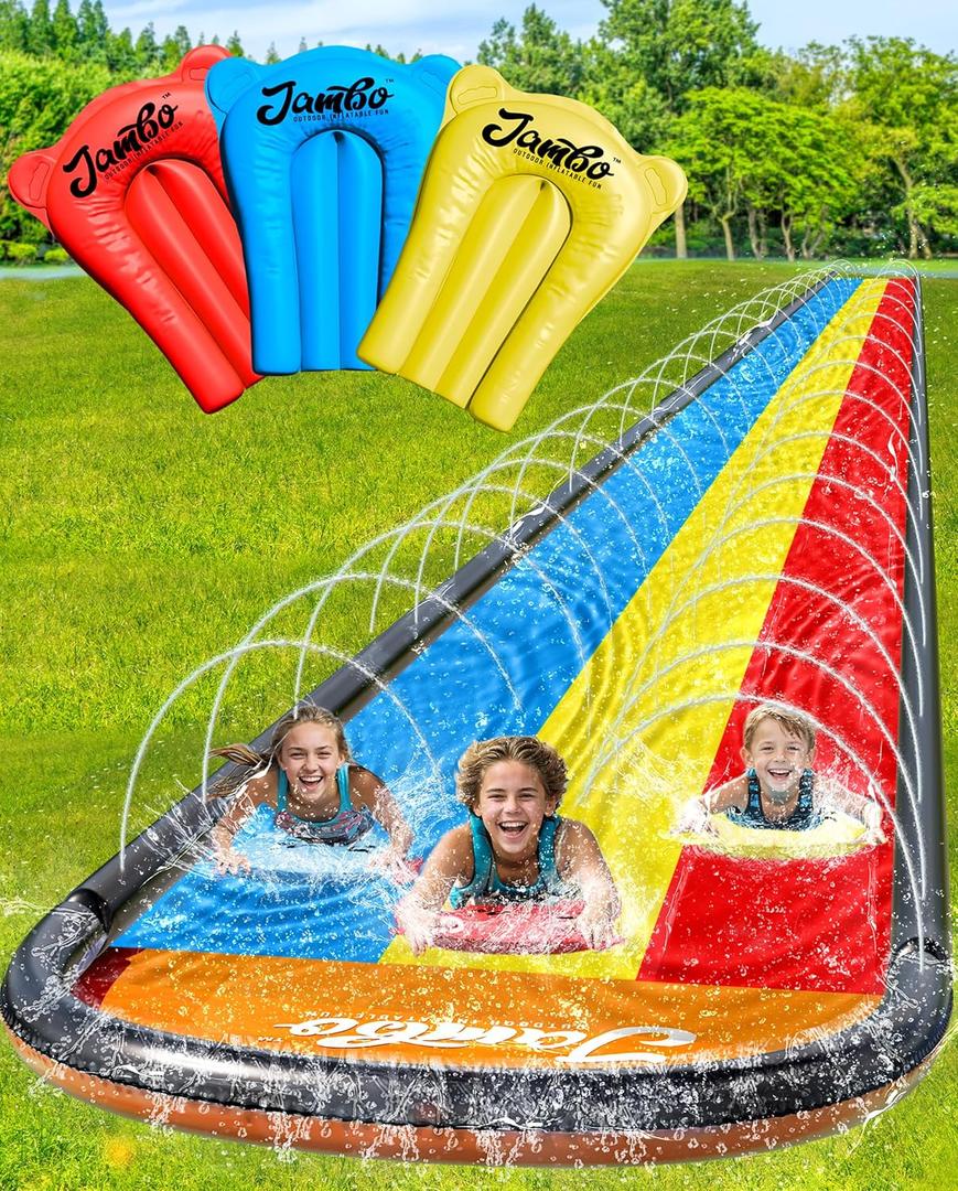 JAMBO 18ft Triple Lane Slip Splash and Slide with 3 Bodyboards with Built in Surround Sprinkler for Backyard Outdoor Water Fun for Kids