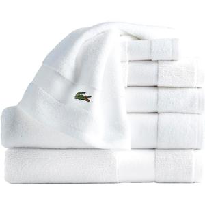Lacoste Sport Stripe 6-Piece Luxury Cotton Towel Set Made with 100% Soft Supima Cotton, Absorbent & Quick-Drying, Includes 2 Bath Towels, 2 Hand Towels, 2 Washcloths, White