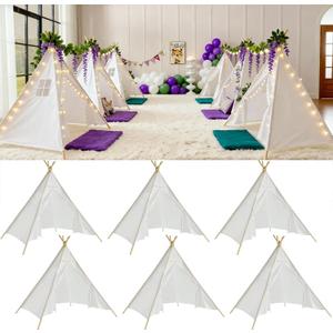 6 Pack Teepee Tent for Kids Slumber Party, Cotton Canvas Playhouse Sleepover Tent with Pompom & Lights for Girls & Boys Movie Night Holiday Party Supplies, 47x55 inches