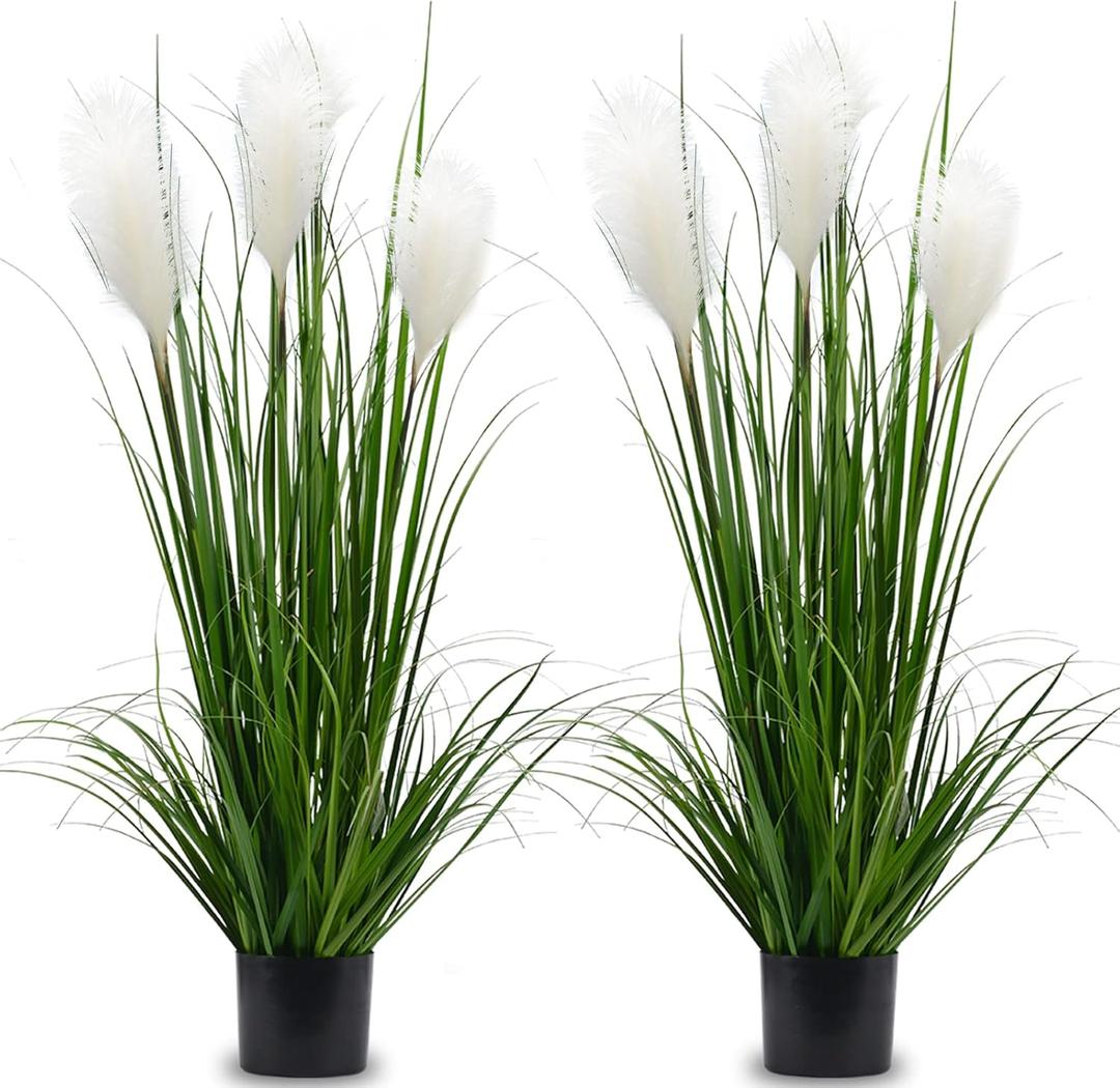 Luxsego Artificial Plants Reed Greenery Flowers, 2Pcs Potted Tall Silk Fake Pampas Grass for Home, Office, Wedding Decor, Faux Plants for Her or Him(46in, White)