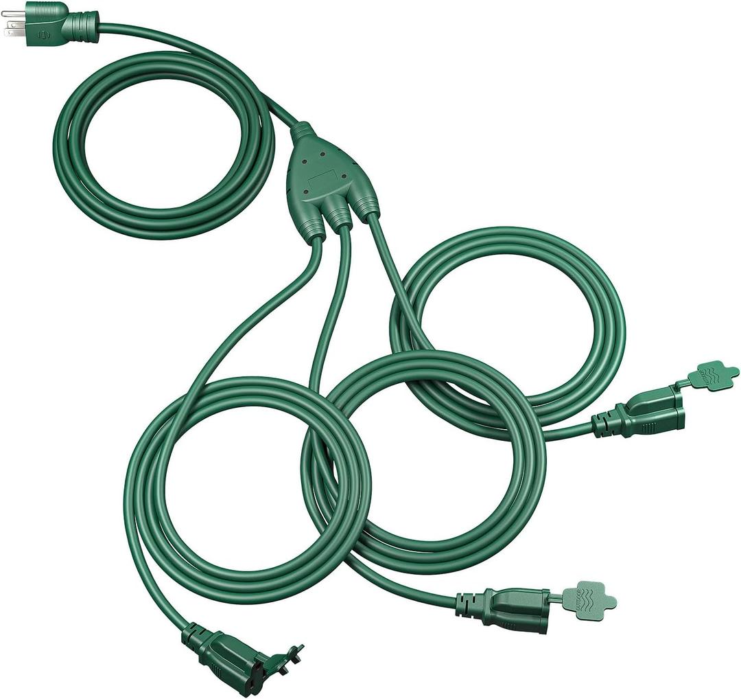 DEWENWILS 40 FT Total, Outdoor Extension Cord 1 to 3 Splitter for Lights, 3 Prong Outlets Plugs, Max 28ft End to End 16/3C SJTW Weatherproof Wire for Outdoor String Lights, ETL Listed (Green)