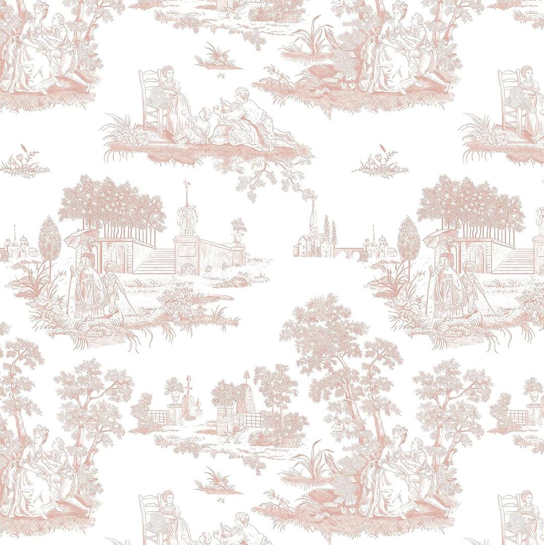 2 x HeloHo Peel and Stick Wallpaper Pink and White Toile Wall Paper Vintage Self Adhesive French Contact Paper Decoral for Bedroom Bathroom Living Room 17.3" X 78.7"