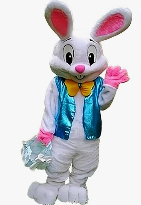 To.beone Easter Bunny Mascot Costume with Blue Vest and Yellow Bow Tie, Adult Size Rabbit Character Suit for Events and Parties