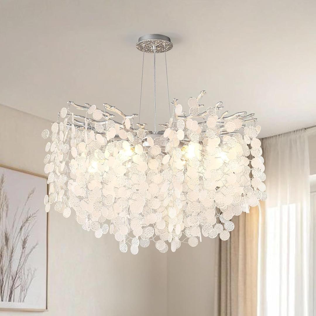 24-Inch Modern Coastal Chandelier, 8-Light Capiz Shell Chandelier for Dining Room, Silver Crystal Light Fixtures for Bedroom Living Room Foyer Kitchen Island Entryway Stairwell, E12