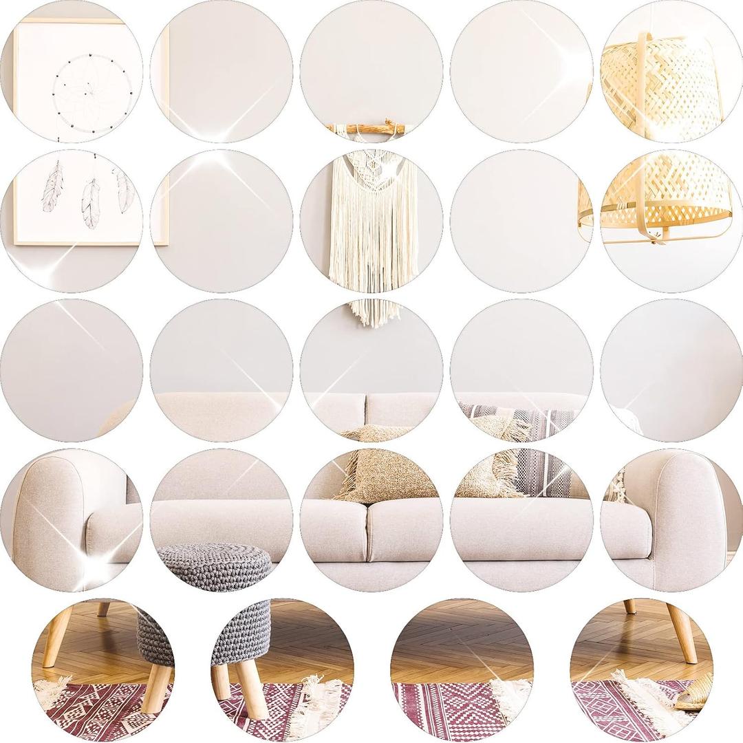 Cindeer Set of 24 Acrylic Round Mirror Plate Circle Mirror Trays Wedding Baby Shower Party Centerpieces for Tables Self Adhesive Non Glass Stickers for Home or Wall Candle Crafts Decor(16 Inch)