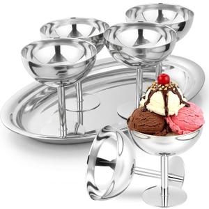 4 Pcs 8 oz Stainless Steel Ice Cream Cups with Oval Silver Coupe Glasses Silver Trays Ice Cream Bowl Serving Dessert Cups for Pudding Fruit Salad Yogurt Candy Summer Party